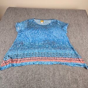 Ruby Rd Woman Blue Burnout Rhinestone Border Print Top 2X Short Sleeve Tunic